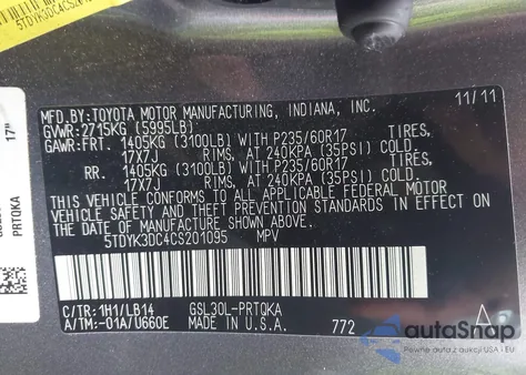 2012 Toyota Sienna Xle V6 8 Passenger from USA, damaged, VIN 5TDYK3DC4CS201095